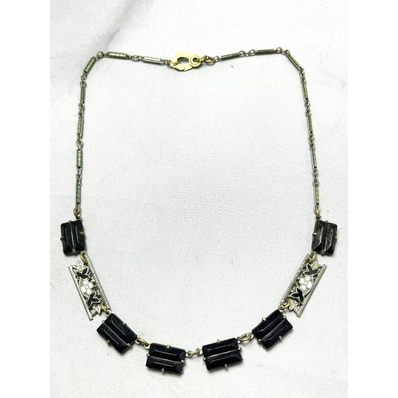 Estate Black Glass Floral Enamel Necklace